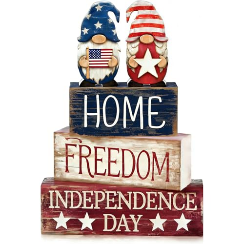 4th of July Table Decorations Patriotic Memorial Day Tiered Tray Decor Wooden Gnome Block Signs Independence Farmhouse 250th July Fouth Centerpiece for Tables Wooden Sign for Home Decor - style: Patriotic Gnomes