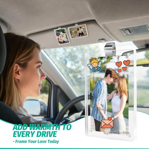2Pcs Car Picture Holder for Sun Visor,Clear Acrylic & Strong Magnetic Car Visor Photo Clip with Safe Driving &Guardian Icons Stickers, Cute Car Accessories,Gift for Family & Friends (2.4x3.5) - size: 2.4x3.5