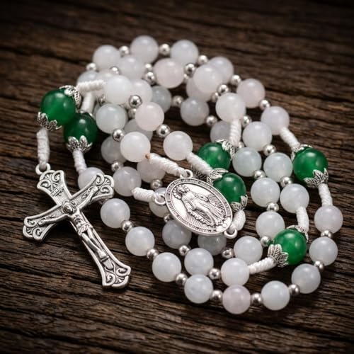 Nazareth Store 8mm White Jade & 10mm Natural Stone Beads Rosary Necklace St. Miraculous Medal & Cross Crucifix Catholic Prayer Beads Religious Jewelry - color: Green Jade