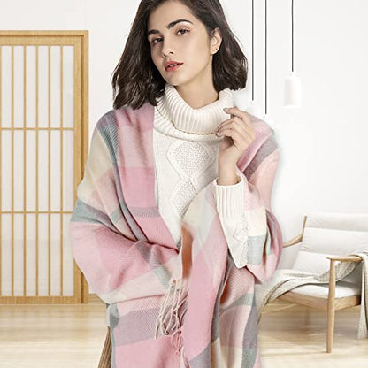 Loritta Winter Scarf for Women, Long Plaid Shawl Wraps Scarves Gifts - color: P-pink Beige Grey Lattice