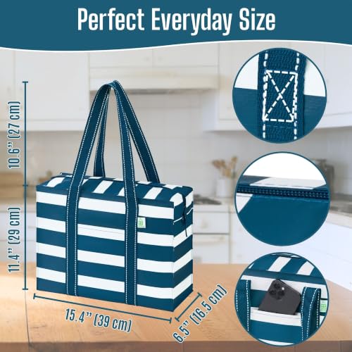 VENO 2 Pack Utility Tote Reusable Grocery Bags with Zipper & Hard Bottom - color: Classic Navy Stripe, size: 2 Pack