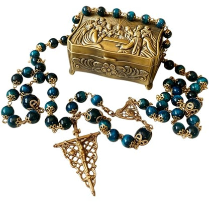 Handmade vintage copper 5 dacade rosary for women & men Natural Tiger Eye Stone Beads Necklace Perfect Catholic gifts with box