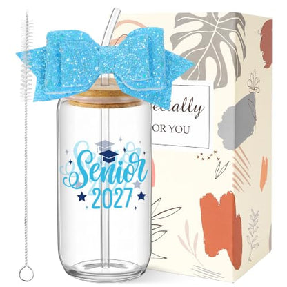 Class of 2027 Senior Gifts - Senior 2027 Blue Glass Tumbler with Glitter Bow, Graduation Gift for Girls Women Player College High School Daughter Friends Graduates - style: blue senior