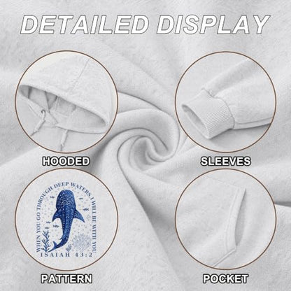 BeWithYou Christian Whale Shark Hoodies for Women Jesus Faith Sweatshirts God Religious Hoodie Bible Verse Graphic Pullover - color: Heather White, size: X-Large