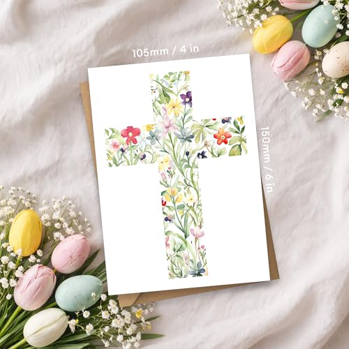 Easter Multipack Card Set, Religious Cards Pack of 6 - Thank You, Confirmation, Christening, Baptism, Sympathy - Floral Cross Design - Luxury Multi-pack of Six, Blank Inside with Premium Envelopes