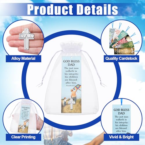 Supervitae 24 Pcs/ 12 Sets Father's Day Bookmark Gifts Bulk God Bless Dad Lapel Pin with Bookmark Gift Set, Include 12 Proverbs 20: 7 Christian Bookmarks 12 Cross Dad Pin for Religious Church Prizes - style: God Bless Dad