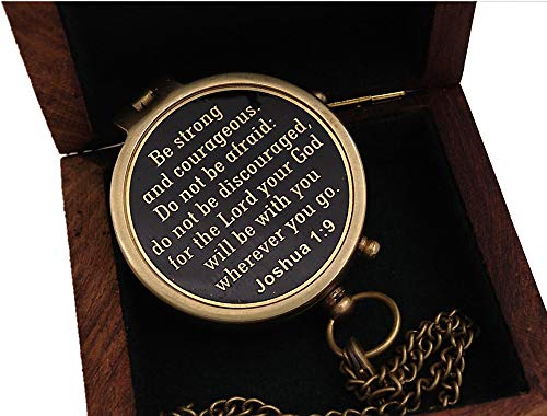 Compass – Brass Directional Vintage Compass Engraved with “Be Strong and Courageous” Joshua 1:9 Bible Verse, Baptism 2026 Communion Christian Inspirational Gifts for Women/Men - style: Be Strong - Wood Box