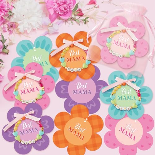 BeYumi Mom Bracelet Craft Kit - 24 Pack Mother's Day Mama Letter Heart Beads Bracelets with Flower Gift Cards and Bags DIY Thankful Craft Kit to Mothers School Classroom Family Party Fun Activities - style: MAMA