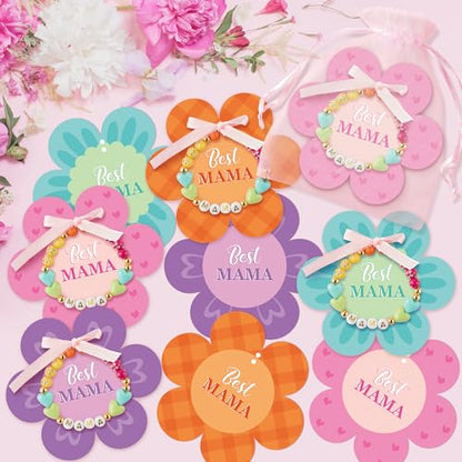 BeYumi Mom Bracelet Craft Kit - 24 Pack Mother's Day Mama Letter Heart Beads Bracelets with Flower Gift Cards and Bags DIY Thankful Craft Kit to Mothers School Classroom Family Party Fun Activities - style: MAMA