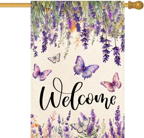 Baccessor Spring Summer Flower House Flag Lavender Butterfly Floral Welcome Yard Burlap Double Sided Vertical Seasonal Farmhouse Wedding Yard Outdoor Decoration 28x40 Inch（large） - color: Spring Summer Flower, size: House Size(28 x 40 Inch)