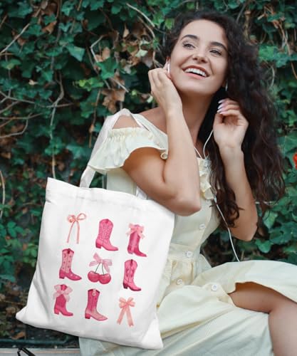 Coquette Bow Bible Canvas Tote Bag for Women Teens Teen Girls, Pink Bow Girls Tote Bag, Coquette Gifts - color: Cowgirl Boots