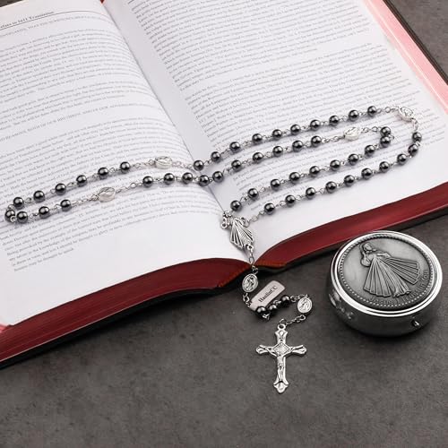 HanlinCC Divine Mercy Catholic Rosary Necklace with Steel Gift Box - color: Hematite Divine Mercy