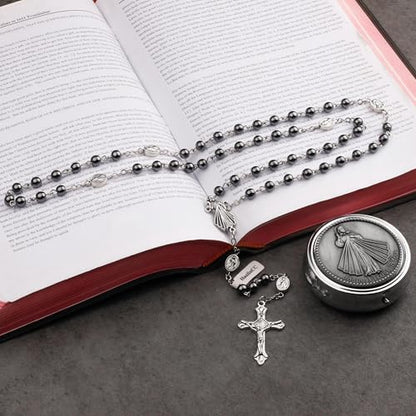 HanlinCC Divine Mercy Catholic Rosary Necklace with Steel Gift Box - color: Hematite Divine Mercy