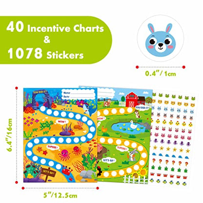 40 Pack Incentive Chart, 2 Adorable Designs with 1078 Stickers Classroom Teaching/Reward/Family Using for Kids Homework Assignments, Attendance, Positive Behavior, Chores, Potty Training Progress - style: Farms and oceans