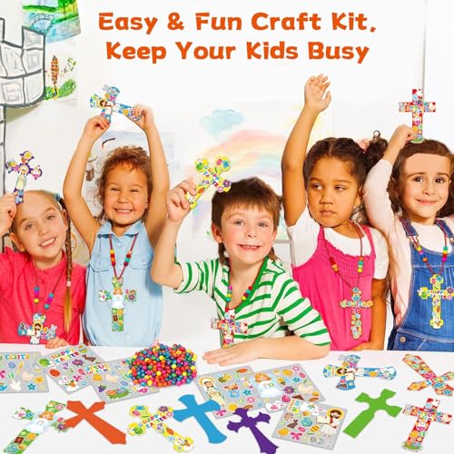 Qyeahkj 30 Set Vbs Christian Cross Necklace Craft Sunday School Cross Craft Kit for Kids DIY Religious Bible Vbs Sticker Ornament Arts Bulk Activities Decor for Church Classroom Party Supplies