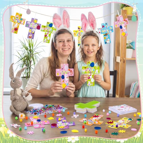 Funrous 48 Sets Crafts Kit Paper Crafts DIY Make Your Own Hanging Ornaments with Pompoms Diamond Stickers for Holiday Classroom Activities Party Favors, Easter Cross - style: Easter Cross