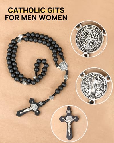 Wooden Rosary Beads, Rosarios Catolicos with Metal Cross for Men & Women - color: Pine Black