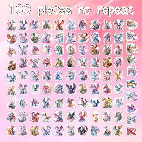 Cartoon Dragon Stickers for Adults - 100 Pcs Magic Pterosaur Water Bottle Stickers, Cool Cute Waterproof Scrapbook Sticker for Teen, Vinyl Decals for Vision Board Laptop Journal - style: Dragon