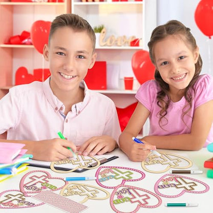 BeYumi Valentines Wooden Ornament Craft - 20Pcs Valentine's Day DIY Wooden GOD is Love Ornaments Craft Kit for Kids Make Your Own Religious Cross Decor with Gem Stickers Church School Party Supplies - style: Heart