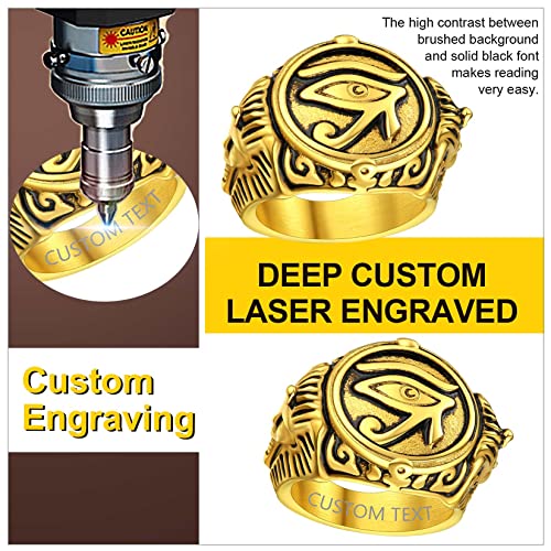 ChainsProMax Can Engrave Men Ancient Egyptian Eye of Ra Ankh Cross Ring, Size #7-#14, Stainless Steel/Gold Plated/Black (Send Gift Box) - color: Engrave-Eye of Ra-golden