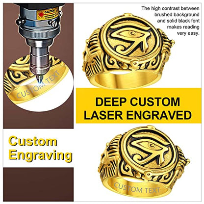 ChainsProMax Can Engrave Men Ancient Egyptian Eye of Ra Ankh Cross Ring, Size #7-#14, Stainless Steel/Gold Plated/Black (Send Gift Box) - color: Engrave-Eye of Ra-golden