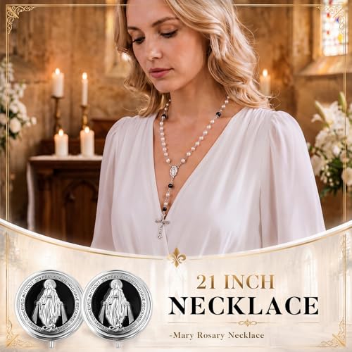 Jadive 24 sets Catholic Rosary Necklace, 6mm Glass Pearl Beads 8mm Our Father Bead Metal Gift Box for Women Men Prayer Gift - color: Silver