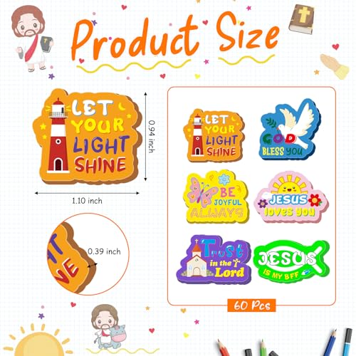 Cinrobiye 60 PCS Bible Verse Erasers Bulk, Inspirational Scripture Rubber Erasers for Sunday School, Church Events, VBS Supplies, Faith-Based Encouragement and Religious Activity Rewards