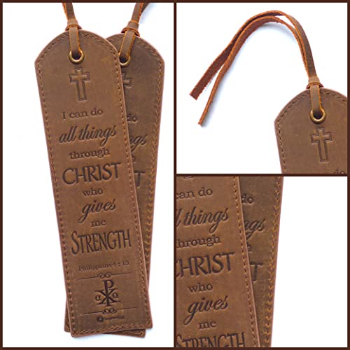 Leather Bible Bookmarks - 2 Leather Christian Bookmarks with Inspirational Bible Verse | Philippians 4: 13 I Can Do All Things Through Christ | Religious Book Marker Gifts for Men, Women and Readers - style: Philippians 4:13