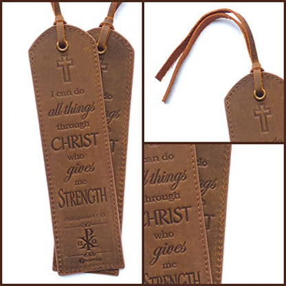 Leather Bible Bookmarks - 2 Leather Christian Bookmarks with Inspirational Bible Verse | Philippians 4: 13 I Can Do All Things Through Christ | Religious Book Marker Gifts for Men, Women and Readers - style: Philippians 4:13