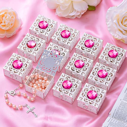 ROCEEI Catholic Rosary Necklace Pearl Rosary Bead with Box - color: Pink