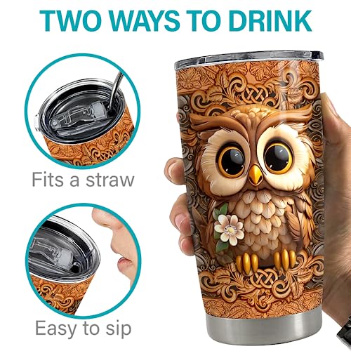 SANDJEST Personalized Owl Wood Drawings Tumbler 20oz 30oz Insulated Tumblers with Lid Coffee Travel Mug Cup for Women Owl Gifts for Birthday - color: Owl