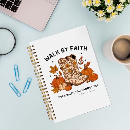 VNWEK Fall Western Christian Spiral Notebook Journal 5.5x8.3 Inch, Autumn Pumpkin Cowgirl Boots Bible Verse Journal, Walk by Faith Religious Lined Hardcover Spiral Notebook - color: Fall Western Christian