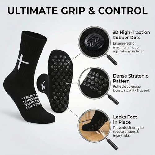 3 Pack Cross Grip Bible Verse Soccer Socks | Anti-Slip Religious Christian Sports Socks US 6-13 - color: Black