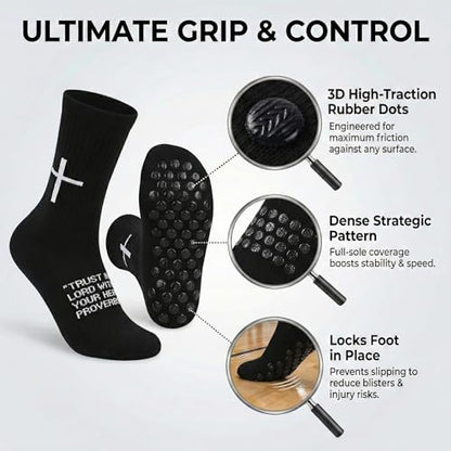 3 Pack Cross Grip Bible Verse Soccer Socks | Anti-Slip Religious Christian Sports Socks US 6-13 - color: Black