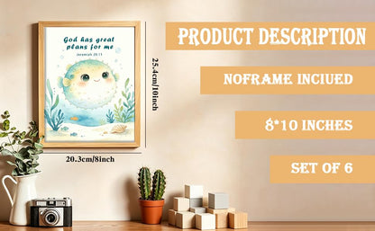 6Pcs Watercolor Sea Animal Bible Verse Nursery Unframed Wall Art Print Set - color: Lobster Shell