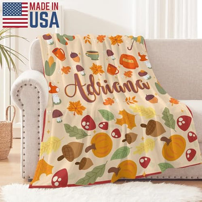 Custom Fall Blanket with Name Autumn Soft Cozy Harvest Blanket for Boys Girls Kids Adults Personalized Cute Warm Blankets Halloween Christmas Birthday Gifts - color: Autumu-03