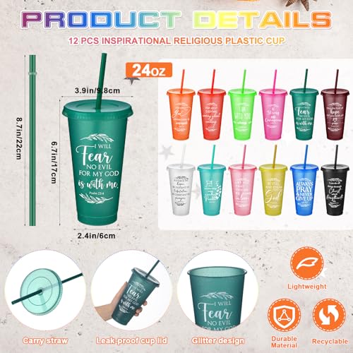 Havawish 12 Christian Tumbler Gift Bulk Religious Inspirational 24 oz Drinking Jesus Cup with Lid Straw Bible Verse Plastic Cup for Grandparents Pastor Clergy Church Sunday School, Colour - color: Colour
