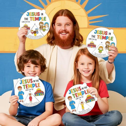 COcnny Easer Religious Coloring Craft- 24 Sets Color Your Own Christian Art Craft DIY Spining Cards for Kids, Jesus in the Temple Paper Craft Art for Sunday School Home Class Bible VBS Activities - style: Jesus in The Temple