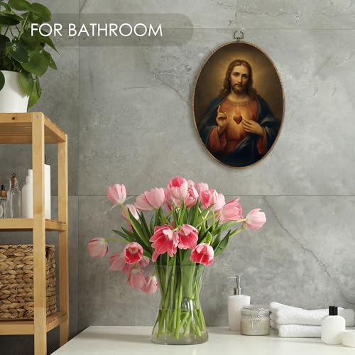 Fewgb Catholic Sacred Heart of Jesus Oval Wall Art Decor Framed, Vintage Christian Canvas Wall Art Prints Picture, Dark Religious Hanging Room Decor Artwork for Church Gallery Bedroom 9x12 - color: jesus-04