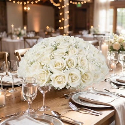 50 Pcs Artificial Rose Bouquet with Baby's Breath, Fake Silk White Roses Realistic Rose for Wedding Centerpieces Flower Arrangement Home Decor