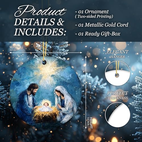Holy Family Nativity Ornament – Ceramic Christmas Tree Decoration – Religious Christian Ornament Keepsake – Inspirational Xmas Holiday Décor Gift for Family Friends Teachers Church Members