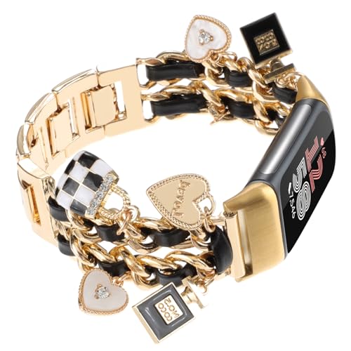 Stylish Metal Wristband Compatible with Fitbit Charge 6/Charge 5 Bands for Women,Cute Strap with Unique Love Cross Pendants Chain Charms Bracelet for Charge 5 6 Fitness Tracker - color: Gold+Black Leather