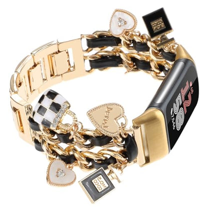 Stylish Metal Wristband Compatible with Fitbit Charge 6/Charge 5 Bands for Women,Cute Strap with Unique Love Cross Pendants Chain Charms Bracelet for Charge 5 6 Fitness Tracker - color: Gold+Black Leather
