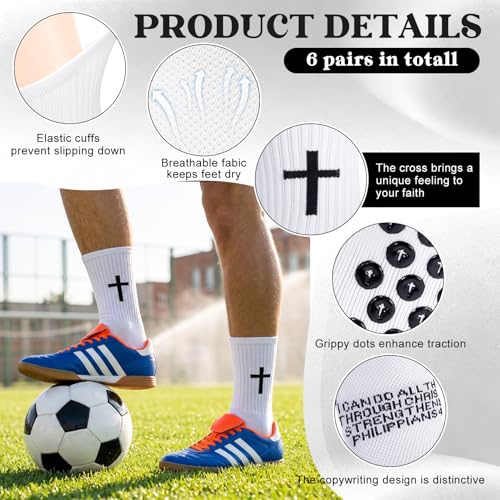 Men Cross Grip Soccer Socks with Bible Verse, 6 Pairs, Size 7-11 - color: Philippians 4:13 - White