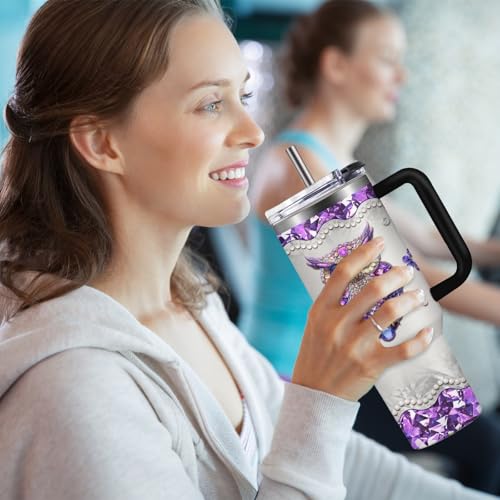 Christian Gifts for Women 40oz Tumbler - Insulated Travel Mug with Handle (Owl, 40 Ounces) - color: Purple