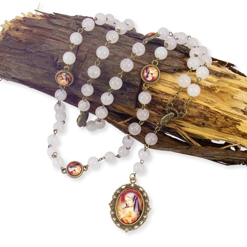 Nazareth Store Our Lady of Sorrows Stone Beads Rosary Solid Beaded Chaplet Necklace with Epoxy 7 Seven Sorrows Medallion - color: Clear Agate