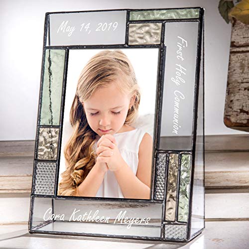 First Communion Gifts Personalized Picture Frame Custom Engraved Glass 4x6 Vertical Photo Green And Antique Yellow J Devlin Pic 430-46V EP620
