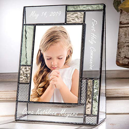 First Communion Gifts Personalized Picture Frame Custom Engraved Glass 4x6 Vertical Photo Green And Antique Yellow J Devlin Pic 430-46V EP620