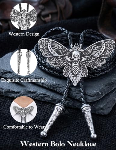 Western Cowboy Bolo tie for Men Women Gold Silver Death Skull Moth Cross Bolo Tie Christmas Deer Rooster Wolf Necktie Gift - color: 1# Silver Death Moth