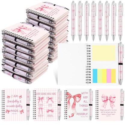 16 Pcs Christian Coquette Pink Bow Spiral Notebooks Bible Verse Ballpoint Pens Religions Cute Aesthetic Journals Notepad Retractable Pen for Office Supplies
